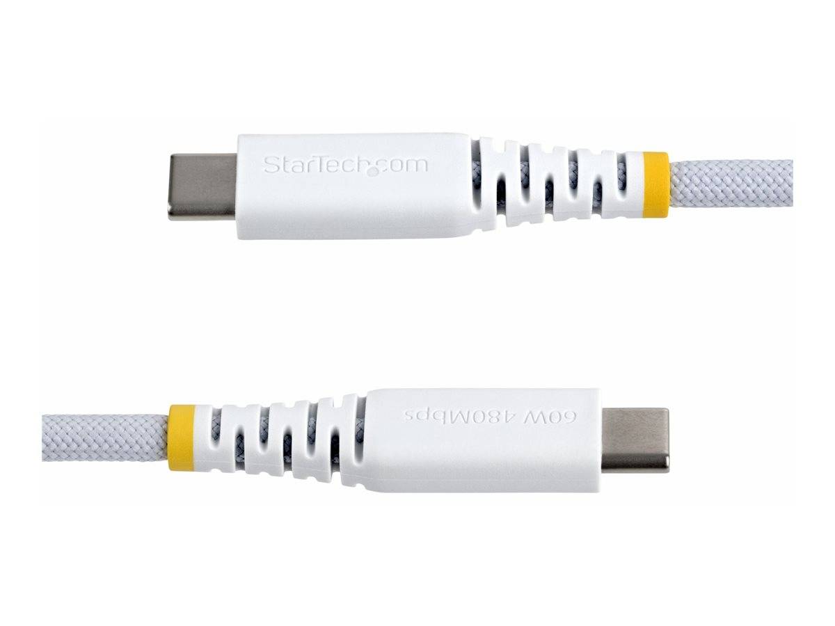 Zwei weiße USB-C-Kabel mit grauen Anschlüssen sind abgebildet, die jeweils mit '60W 480Mbps' für Datenübertragungsspezifikationen beschriftet sind.