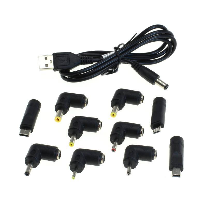 Ein USB-Kabel mit mehreren Adapterspitzen, darunter runde und rechteckige Anschlüsse, geeignet für verschiedene elektronische Geräte.