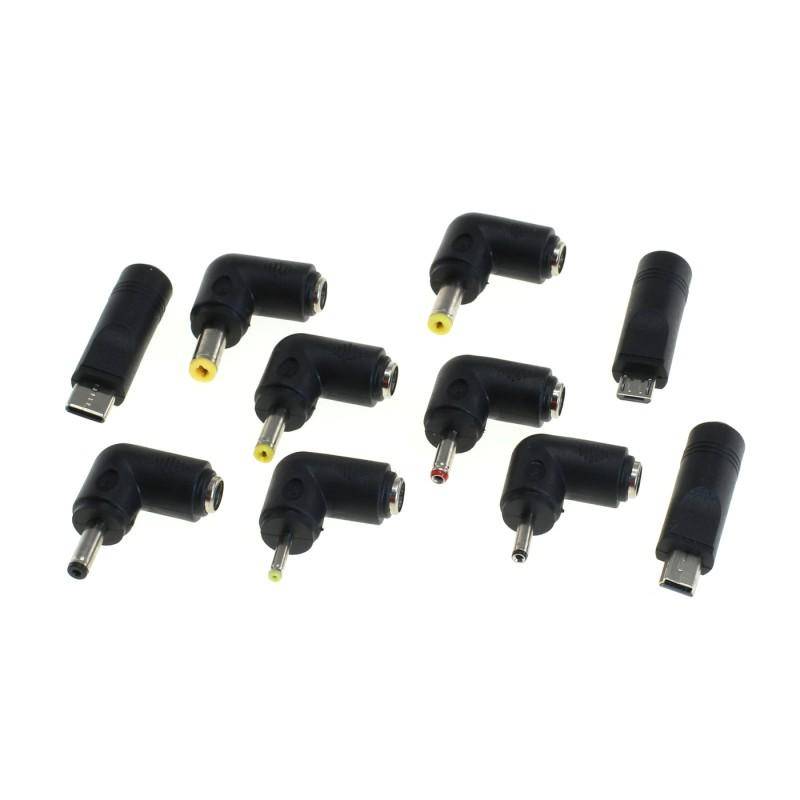 Ein Satz von zehn schwarzen DC-Netzteil-Steckern, einschließlich verschiedener Typen mit unterschiedlichen Spitzen, auf einem weißen Hintergrund angeordnet.