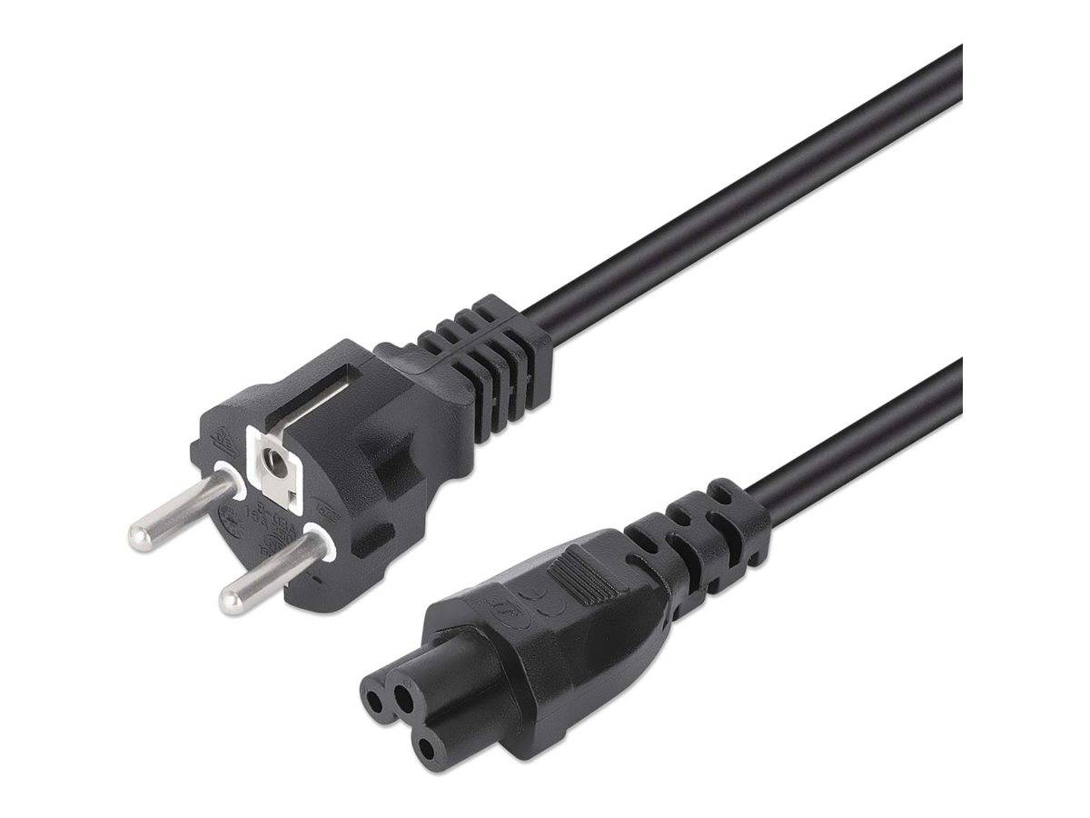 Schwarzes Stromkabel mit europäischem zweipoligem Stecker auf der einen Seite und Kleeblatt-Gerätestecker auf der anderen Seite.