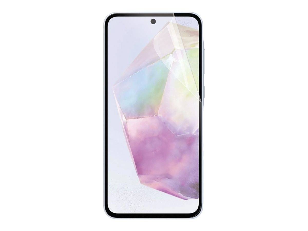 Ein Smartphone mit einem randlosen Bildschirm und einem pastellfarbenen abstrakten Design wird präsentiert. Die Frontkamera befindet sich zentriert an der Oberseite.