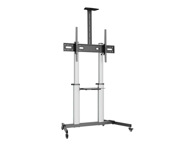Ein mobiler TV-Ständer mit verstellbarer Halterung, Metallrahmen und vier Rollen, geeignet für Präsentationen oder Displays in verschiedenen Umgebungen.