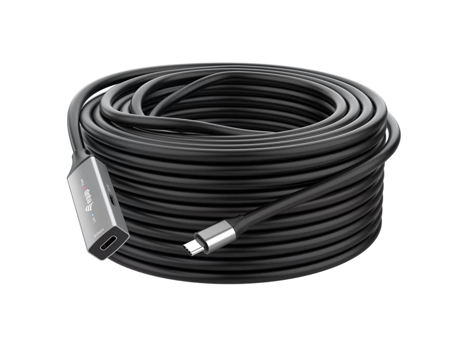Ein langes aufgerolltes USB-C-zu-USB-C-Kabel zum Verbinden von Geräten, dargestellt mit einem grauen Stecker mit kleinem Logo.