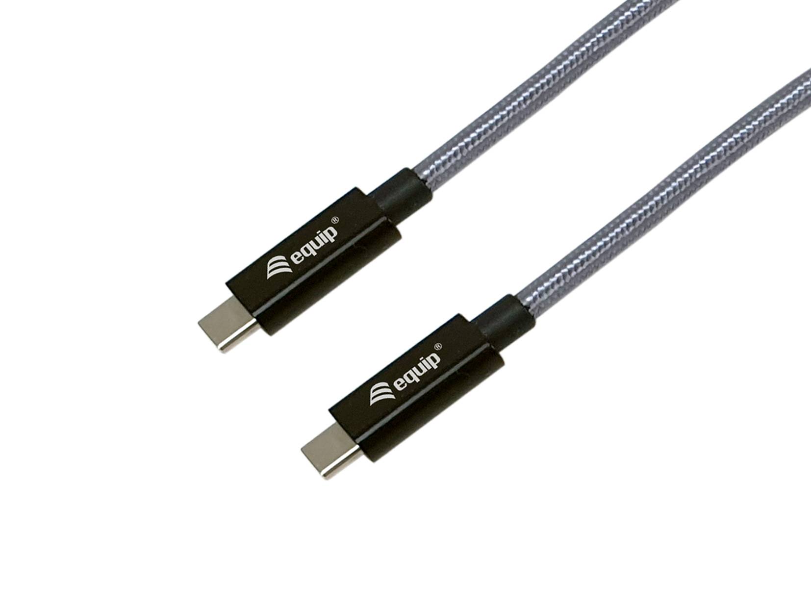 „USB-C-auf-USB-C-Kabel, schwarze Stecker, grau geflochtenes Kabel, mit der Bezeichnung „equip