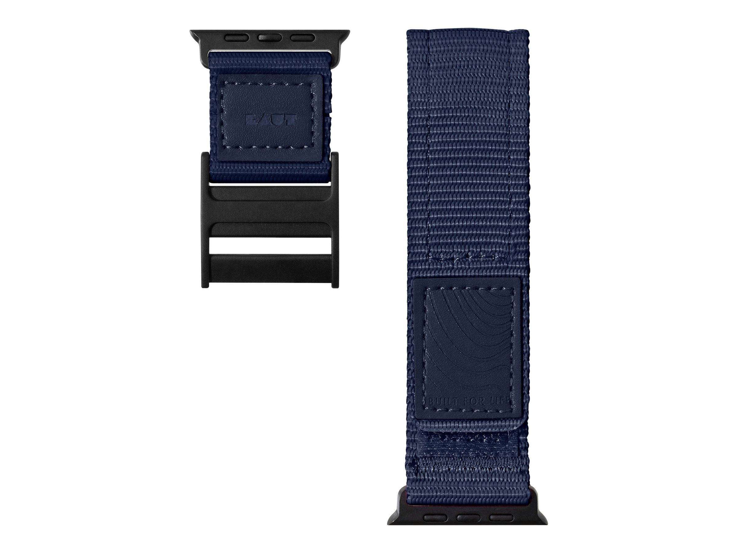 Marineblues gewebtes Uhrenarmband, von vorne und hinten gezeigt, mit schwarzer Schnalle und Verbindungsbeschlag.