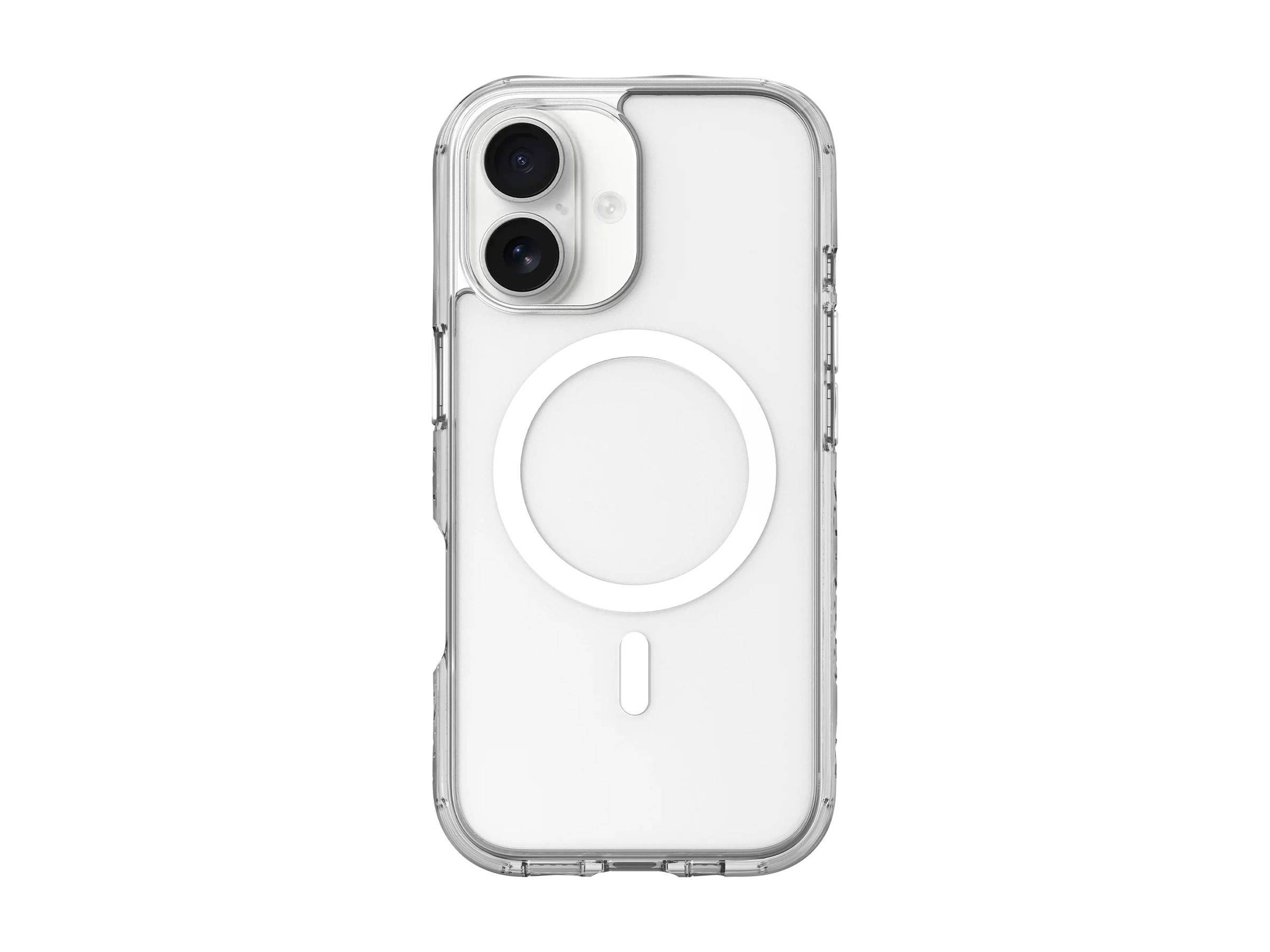 Transparente Handyhülle mit MagSafe-Kompatibilität, mit Ausschnitt für Dual-Kamera und rundem MagSafe-Ausrichtungspunkt auf der Rückseite.