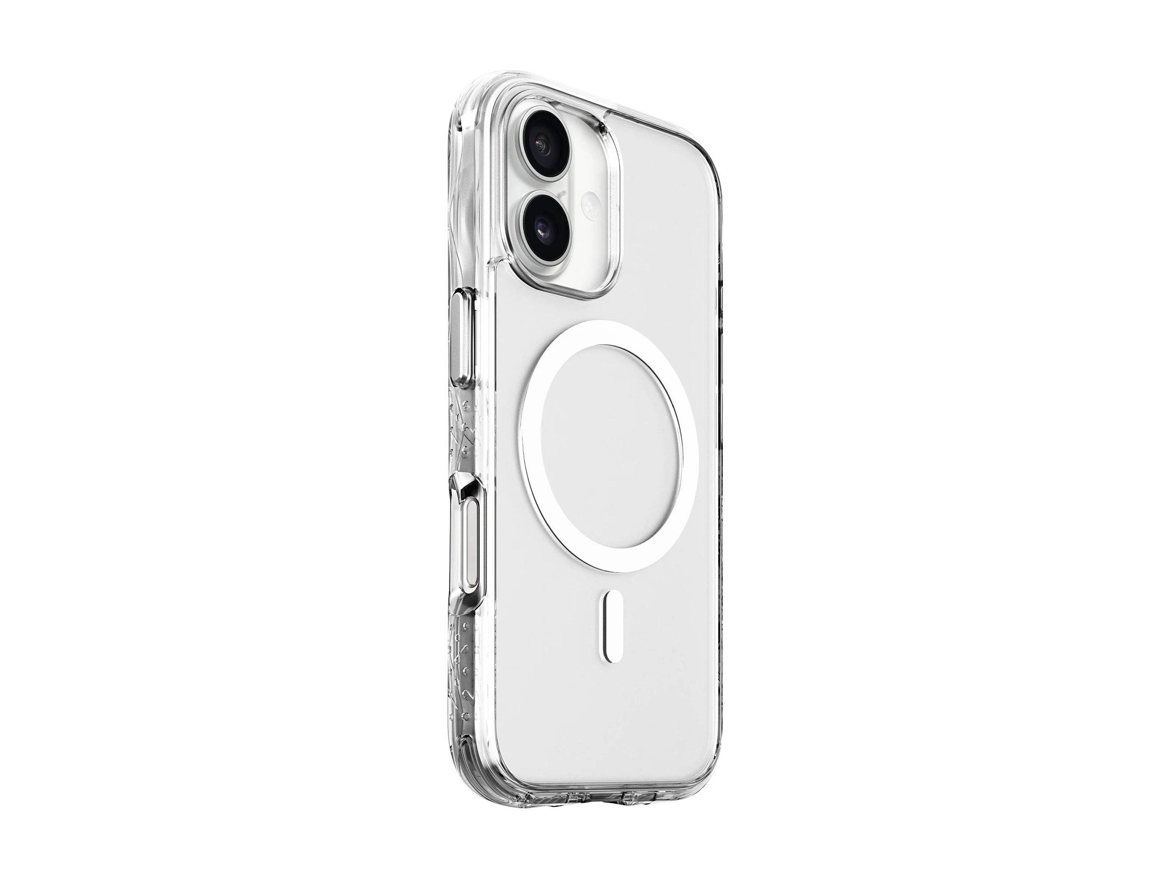 Durchsichtiges Smartphone-Gehäuse mit MagSafe-Ring und erhöhtem Dual-Kamera-Ausschnitt, auf weißem Hintergrund dargestellt.