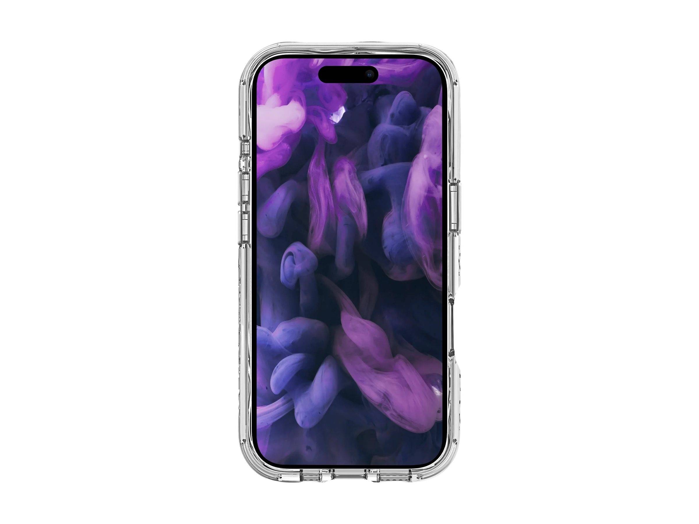 Ein Smartphone mit einem violett-schwarzen abstrakten Rauch-Hintergrundbild auf dem Bildschirm, gezeigt in einer transparenten Schutzhülle.