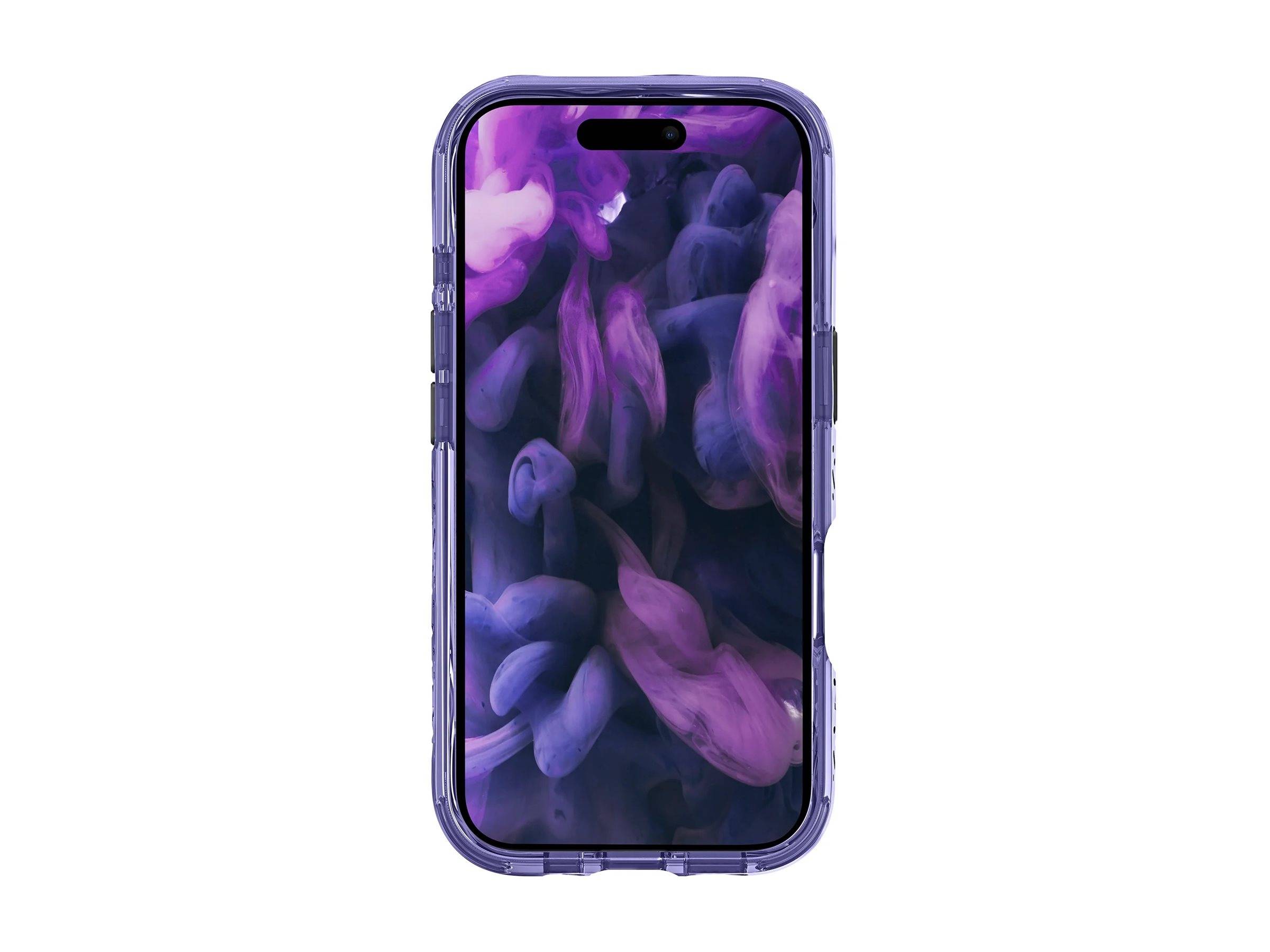 Ein Smartphone mit einem violetten abstrakten Rauch-Hintergrundbild, das in einer transparenten Schutzhülle gezeigt wird.