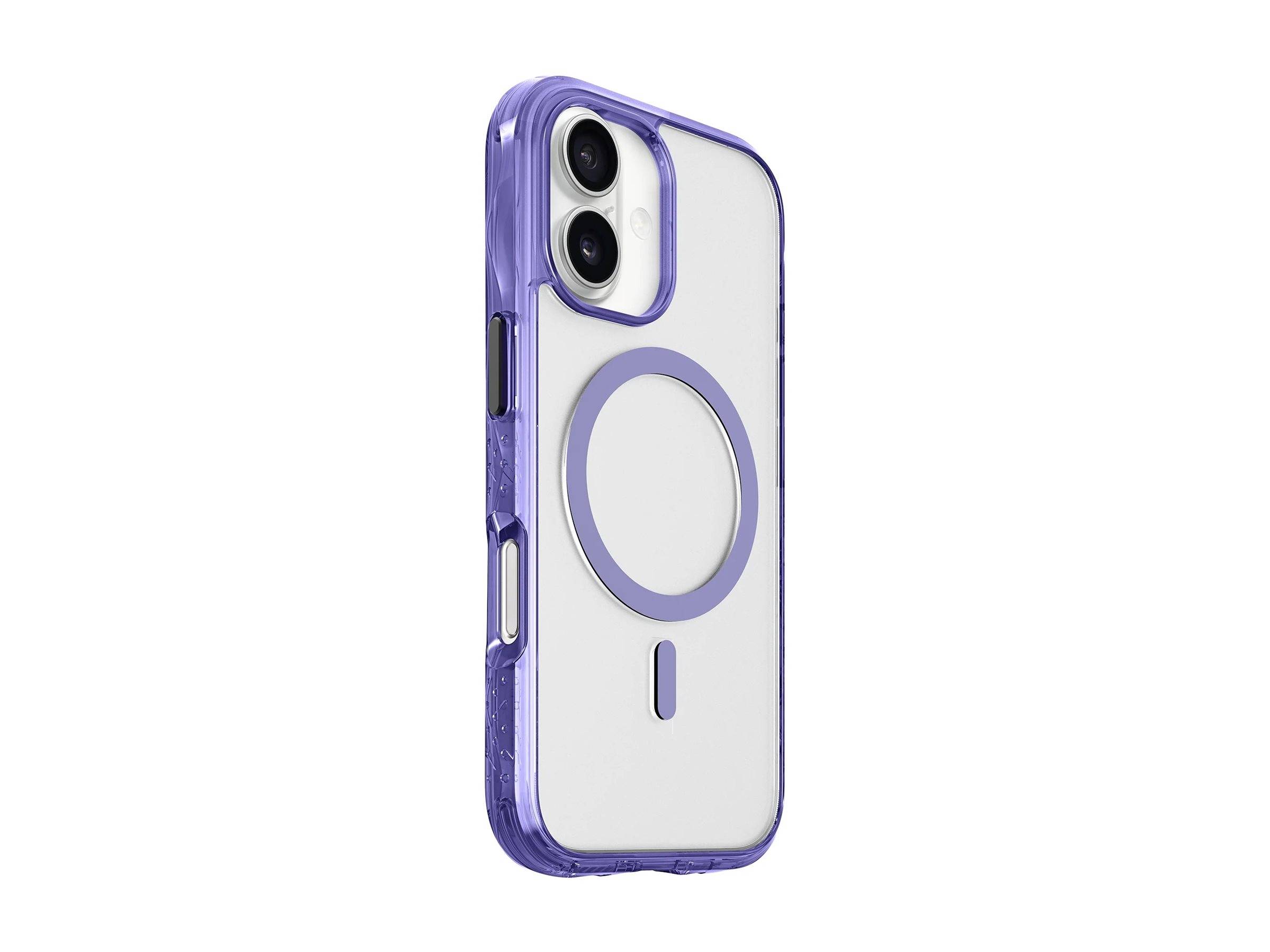 Durchsichtige lila Smartphone-Hülle mit integriertem magnetischem Ring, auf weißem Hintergrund dargestellt, bedeckt die Rückseite und den Kamerabereich des Telefons.