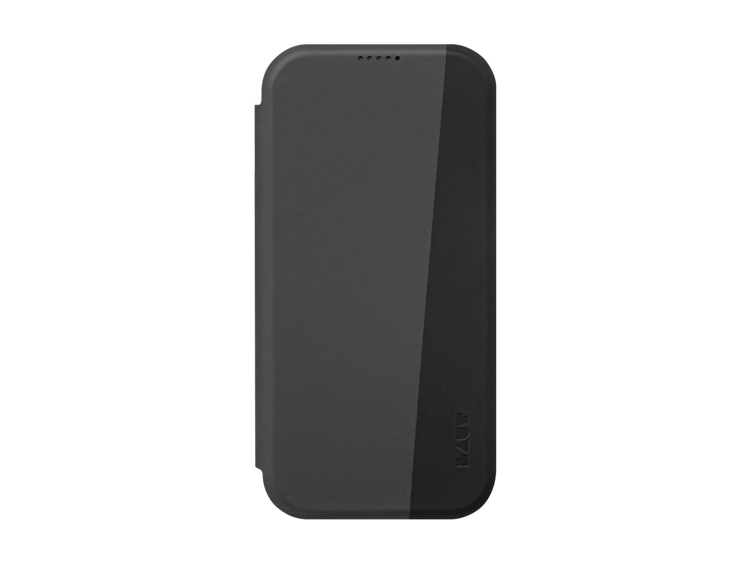 Eine elegante schwarze Smartphone-Hülle mit einer nach vorne klappbaren Abdeckung und dezenter Markierung am unteren Rand, entwickelt für den Schutz des Geräts.