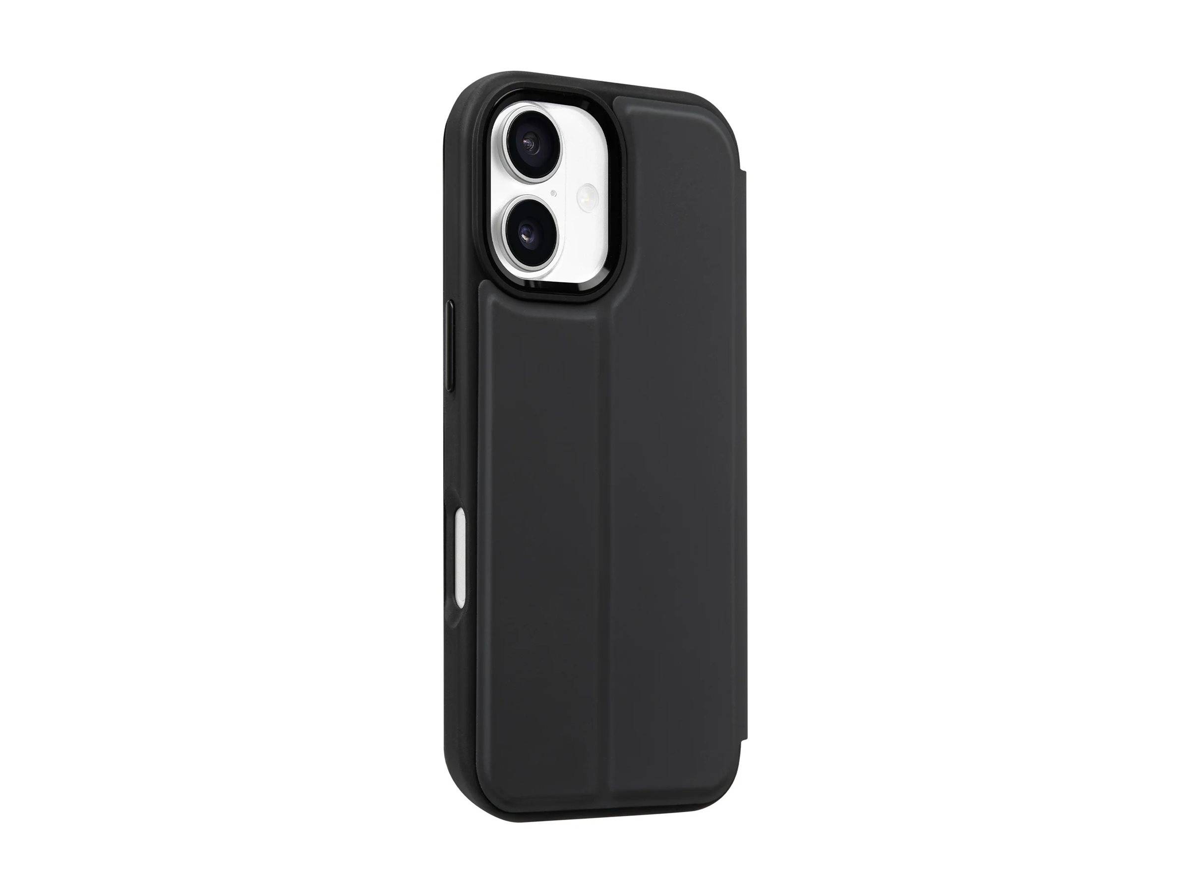 Schwarze Schutzhulle für Smartphones mit Kameraausschnitt für ein Dual-Lens-iPhone, dargestellt auf weißem Hintergrund.