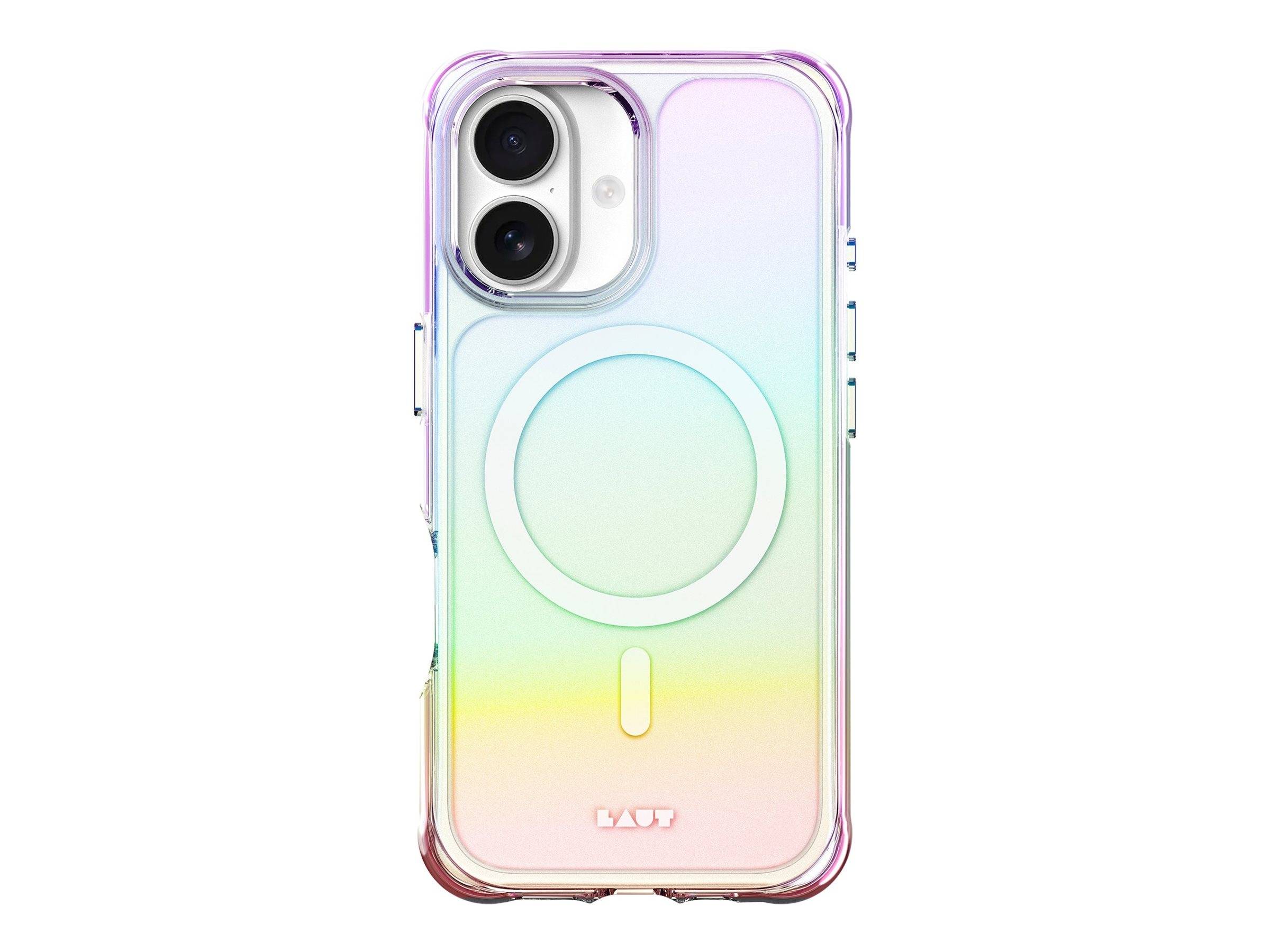 Transparente Smartphone-Hülle mit MagSafe-Kompatibilität, die ein subtiles Regenbogen-Farbverlaufsdesign aufweist und die Rückseite des Telefons hervorhebt.