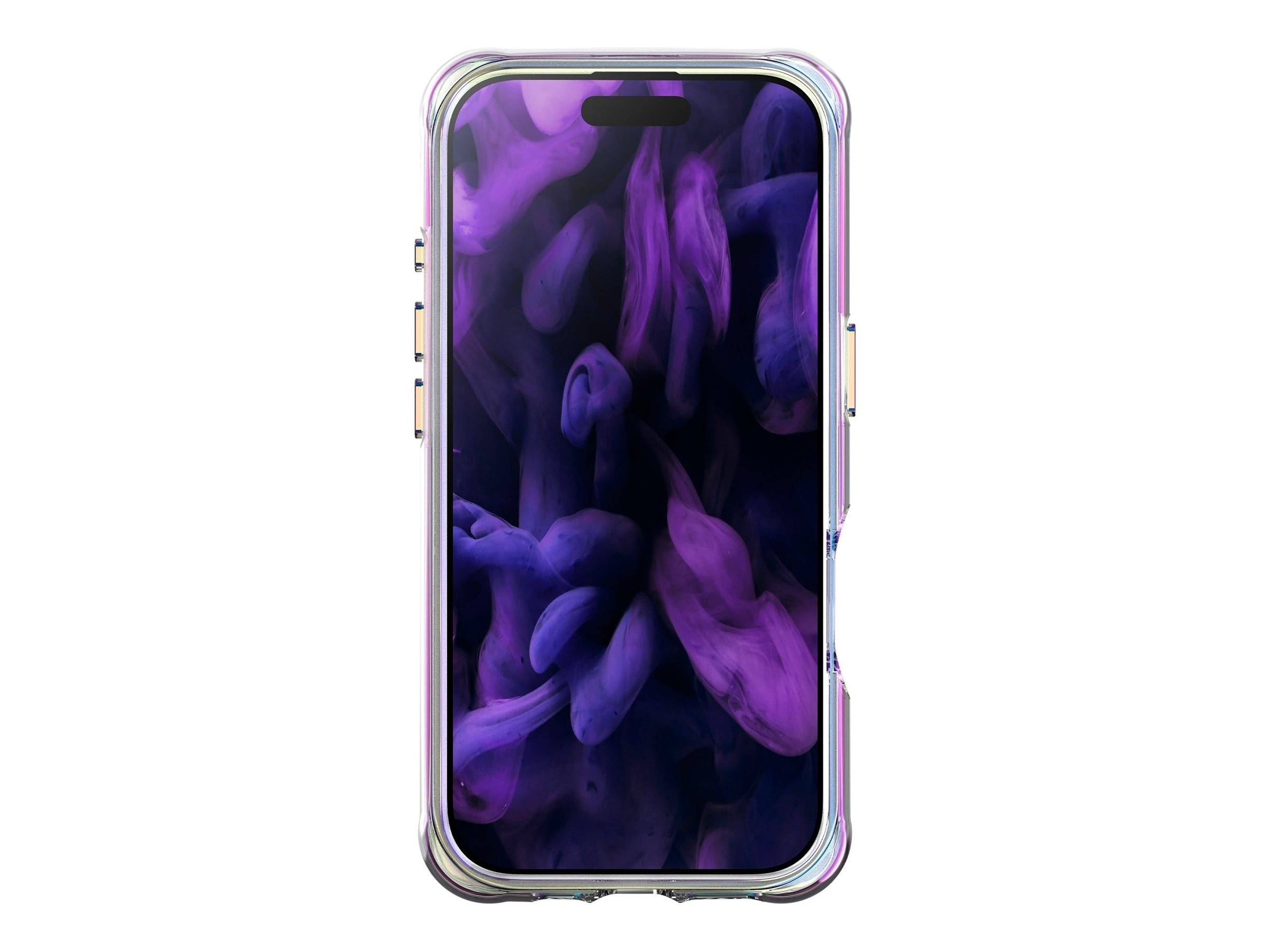 Ein Smartphone in einer durchsichtigen Schutzhülle, das auf dem Bildschirm ein violettes abstraktes Hintergrundbild anzeigt.