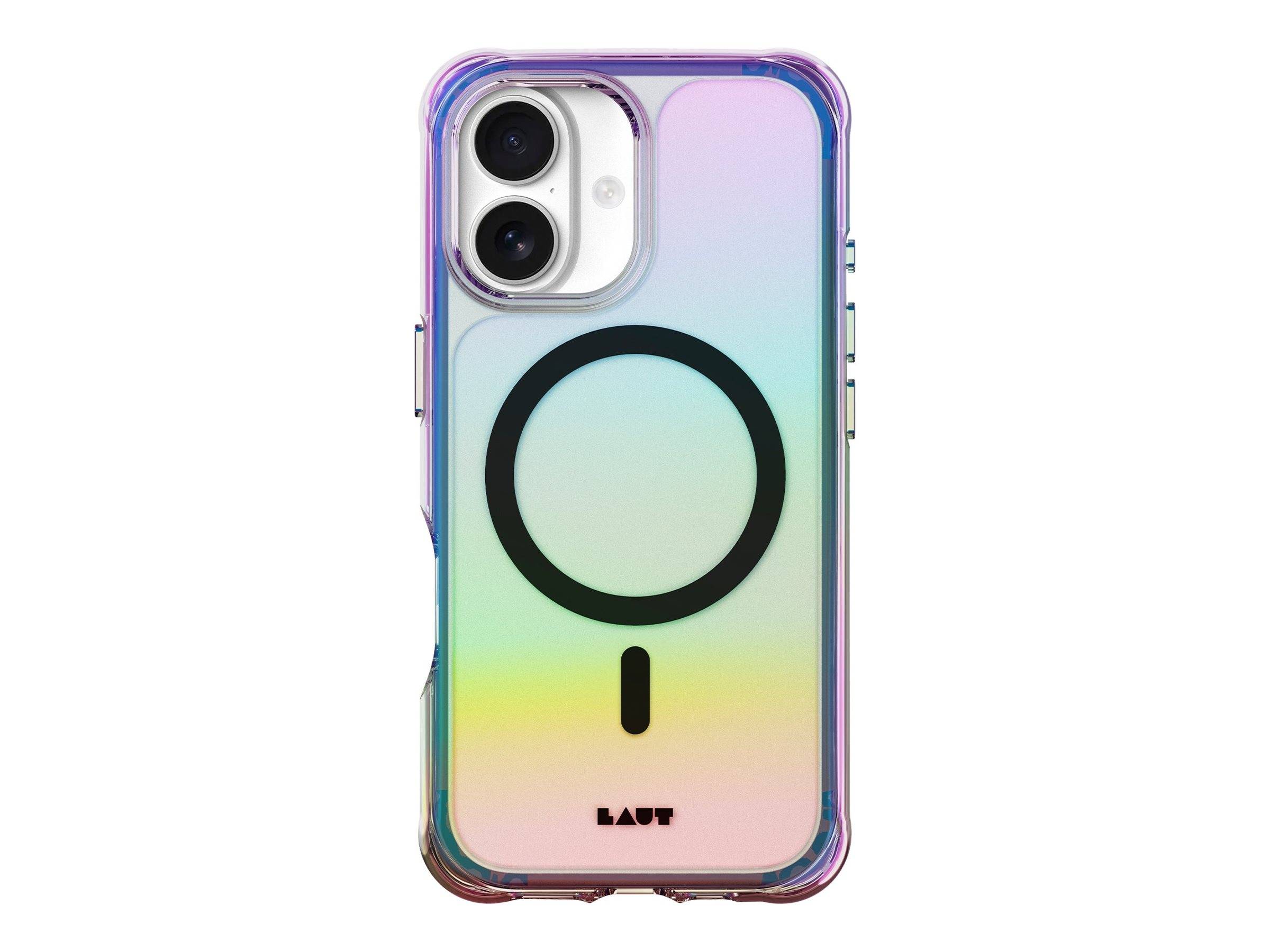 Eine mehrfarbige Verlaufshülle für ein Smartphone mit einem großen kreisförmigen Symbol und dem Wort ‚Laut' am unteren Rand, die ein schlankes, modernes Design aufweist.