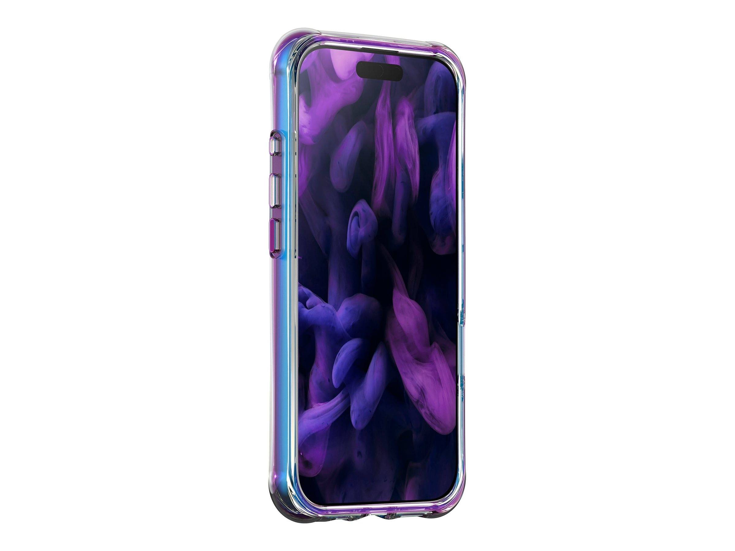Ein Smartphone in einer transparenten schillernden Hülle mit violetten Kanten, auf weißem Hintergrund mit violettem abstraktem Bildschirm dargestellt.