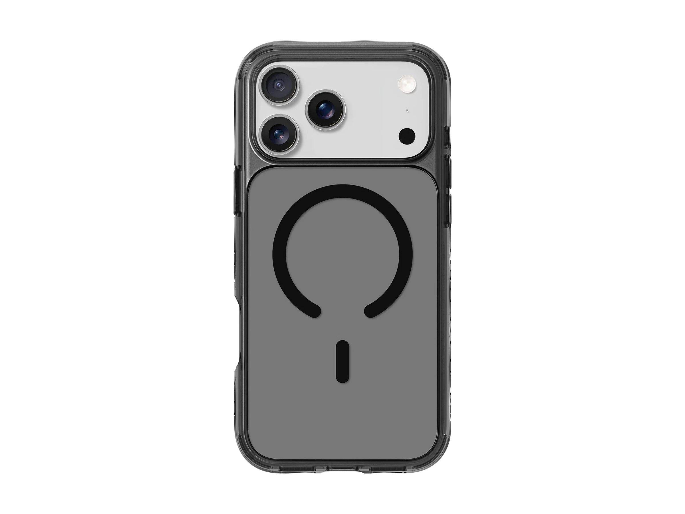 Ein Smartphone mit einer grauen MagSafe-kompatiblen Hülle, die auf der Rückseite ein markantes kreisförmiges Symbol aufweist.
