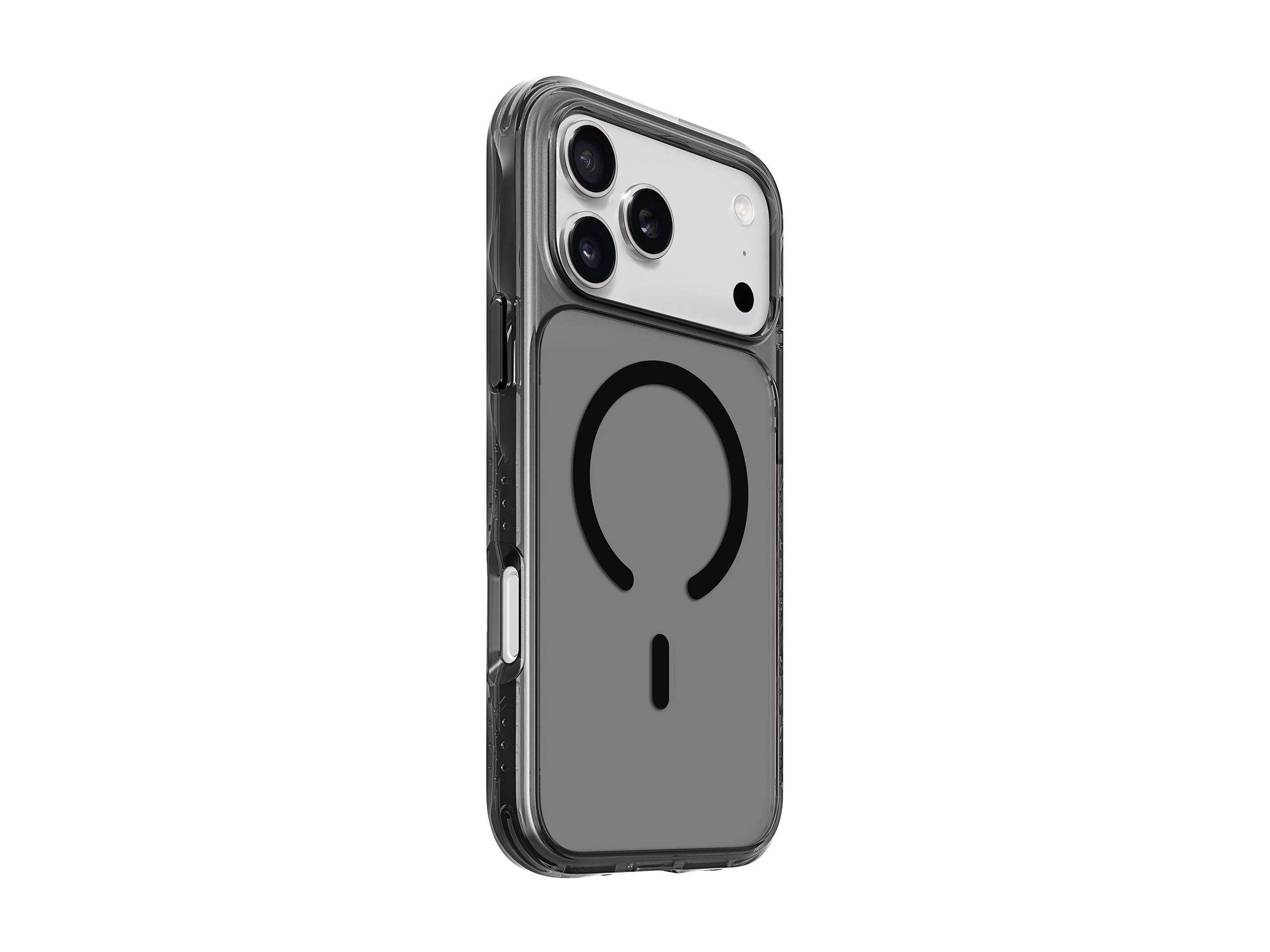 Ein Smartphone-Gehäuse mit einer kreisförmigen Gestaltung auf der Rückseite, kompatibel mit MagSafe-Zubehör, aus einem Winkel präsentiert, der mehrere Kameraobjektive zeigt.