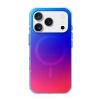 Ein Smartphone mit einem Farbverlaufsgehäuse von Blau zu Rosa, ausgestattet mit einem großen Kameramodul mit drei Linsen und einem Blitz auf der Rückseite.