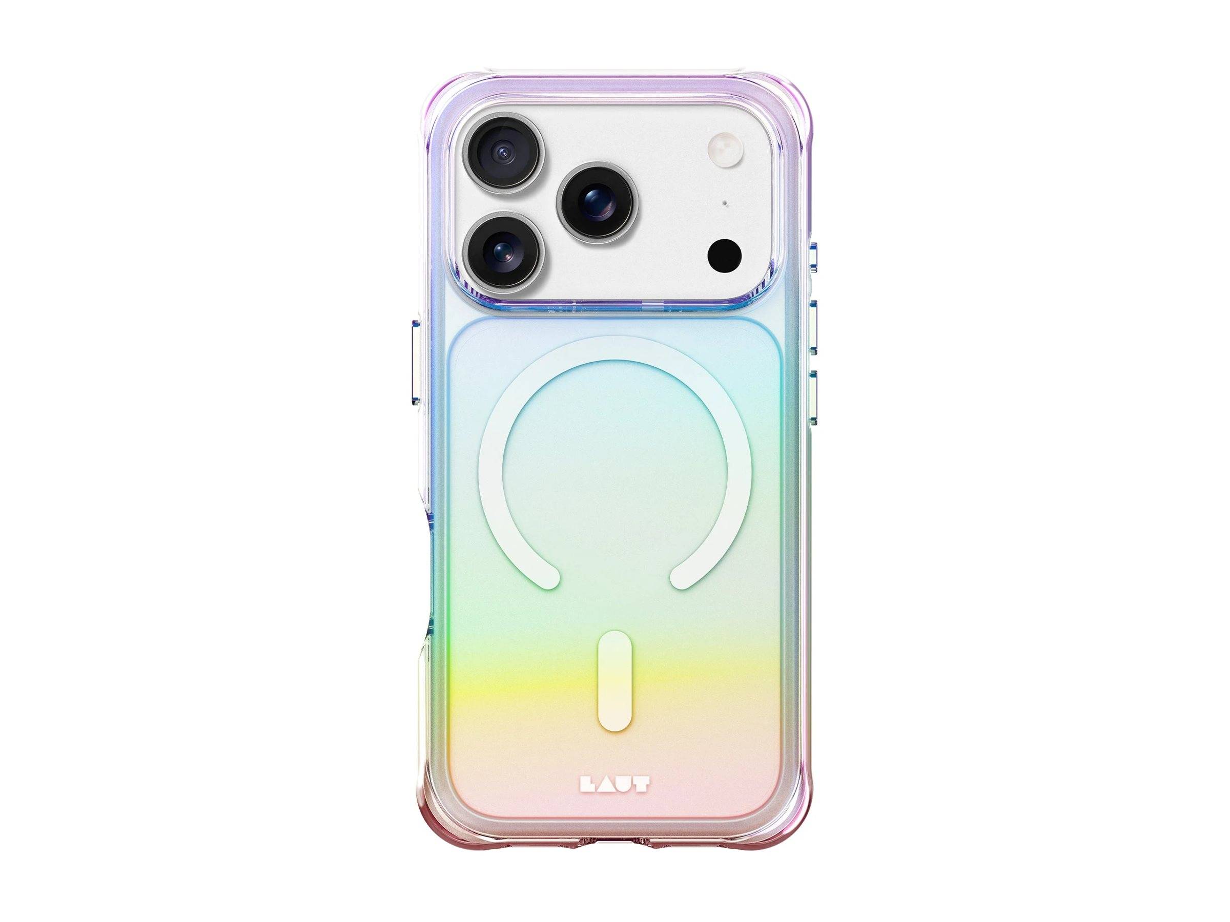 Eine transparente Handyhülle mit einem Farbverlaufs-Regenbogendesign, die einen großen kreisförmigen Umriss in der Mitte aufweist und für ein Smartphone mit drei Rückkameras entwickelt wurde.
