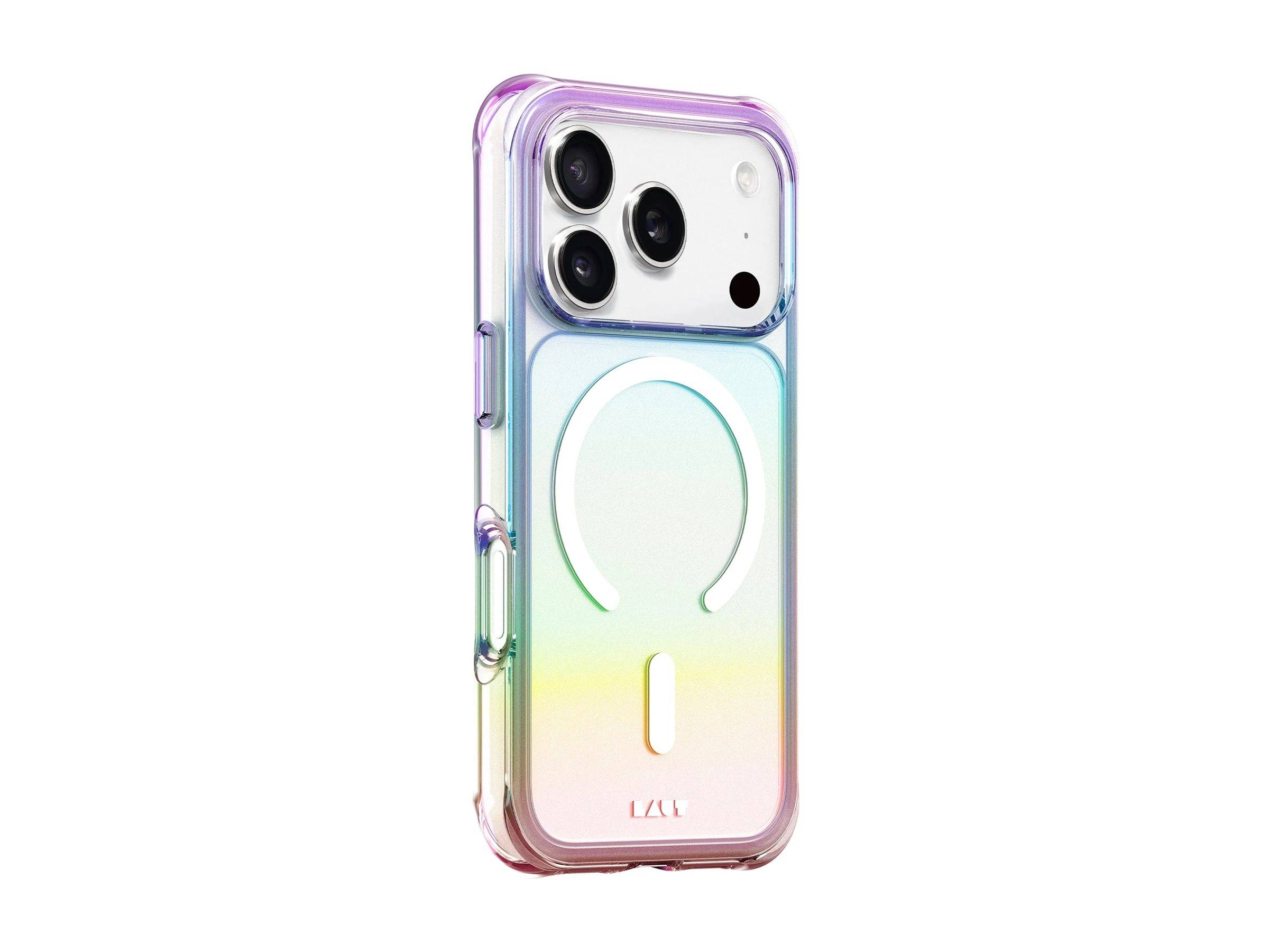 Transparentes, schimmerndes iPhone-Schutzhülle mit MagSafe-Ring, auf weißem Hintergrund dargestellt, mit Abdeckung für ein Telefon mit drei Kameraobjektiven.
