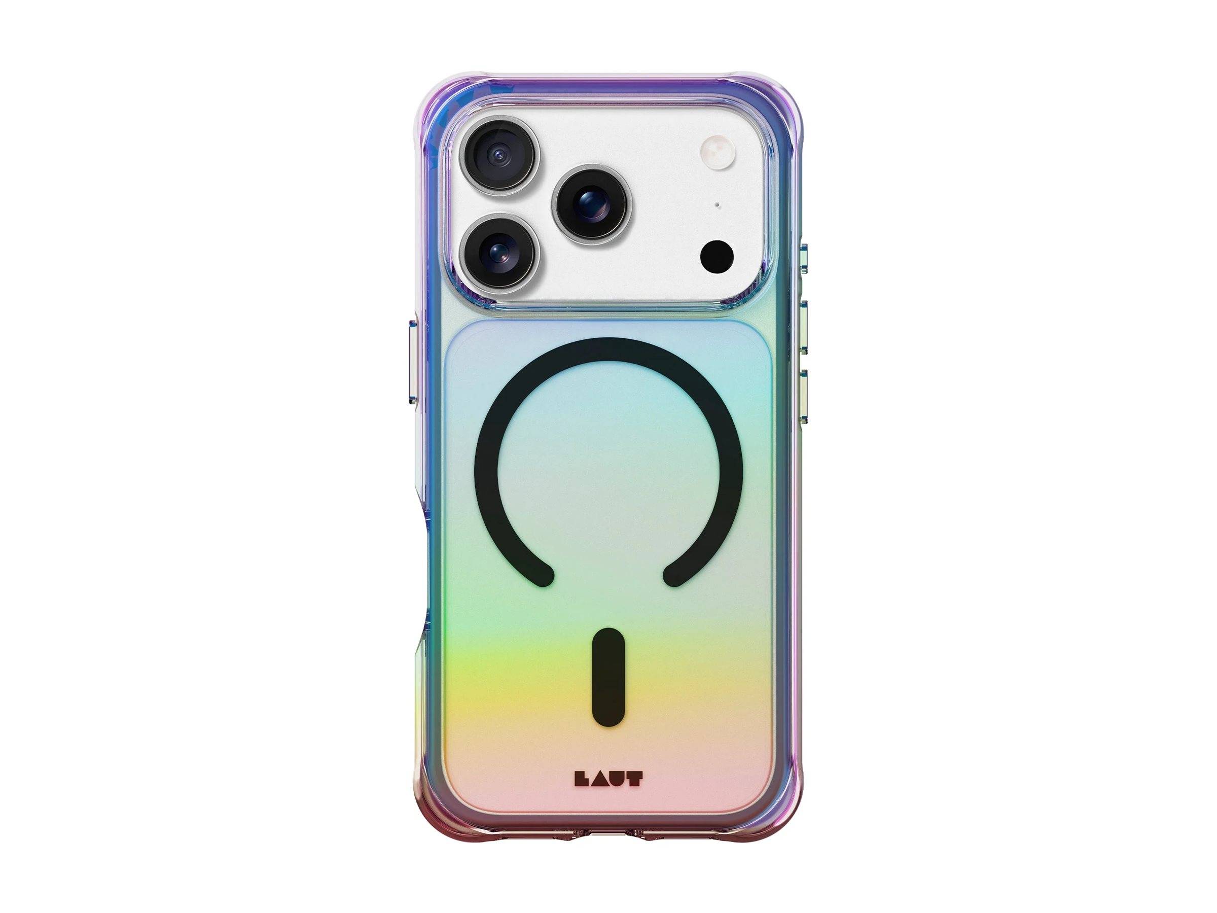 Ein Smartphone in einem reflektierenden, schillernden Gehäuse mit kreisförmigem Design und drei Kameraobjektiven auf der Rückseite.