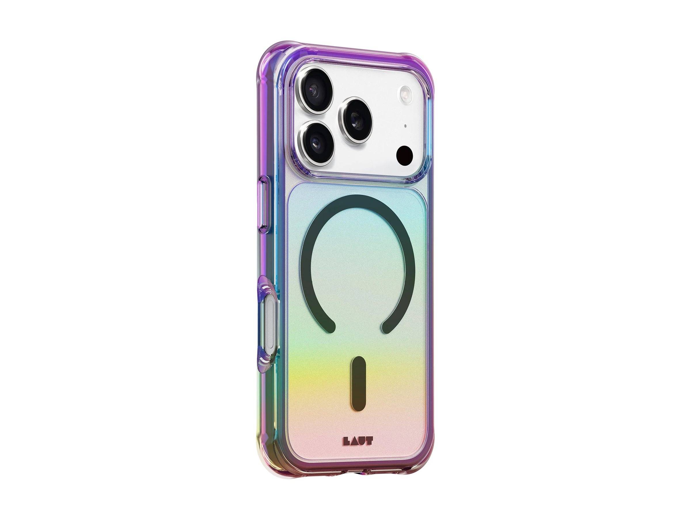 Transparente Handyhülle mit regenbogenfarbenem Farbverlauf auf der Rückseite und schwarzem MagSafe-Ring, gezeigt auf einem iPhone mit Dreifachkamera.