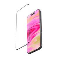 Smartphone vor einem lebendigen, rosa und gelb verschlungenen Hintergrund, begleitet von einem klaren, rechteckigen Bildschirmschutz, der daneben positioniert ist.
