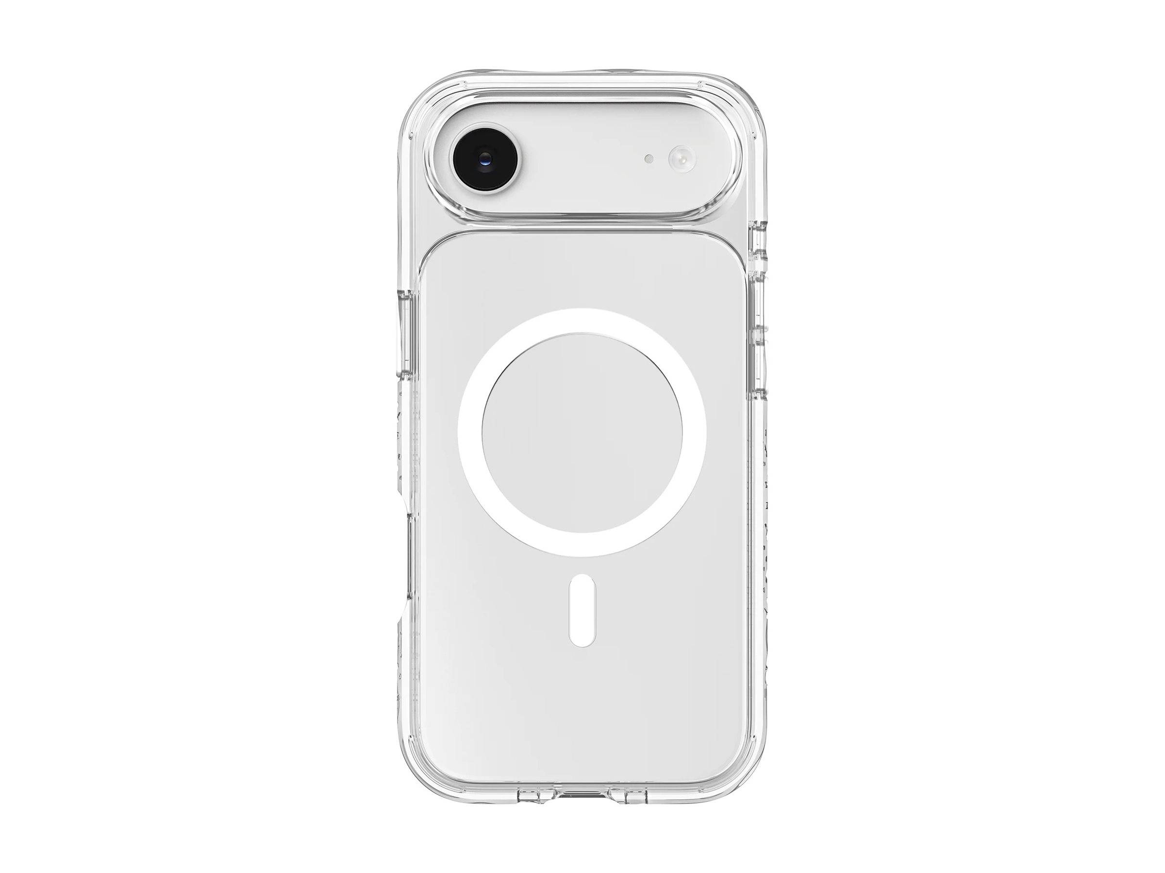 Transparente Handyhülle mit MagSafe-Kompatibilität, die einen durchsichtigen Rücken und ein kreisförmiges MagSafe-Design aufweist.