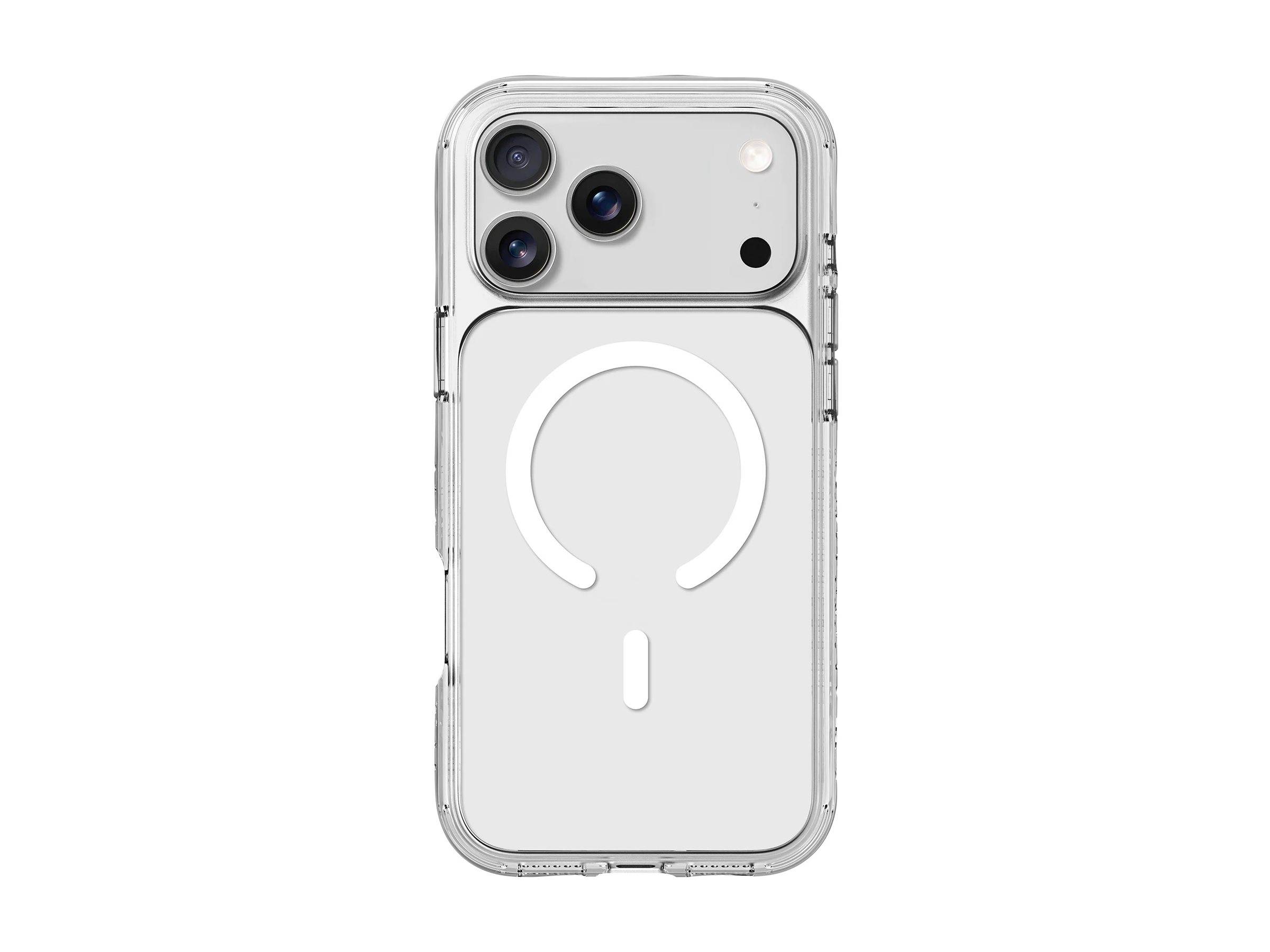 Ein durchsichtiger Telefonkoffer mit MagSafe-Design, der Kameraausschnitte für eine Triple-Objektiv-Kamera auf einem Smartphone zeigt.