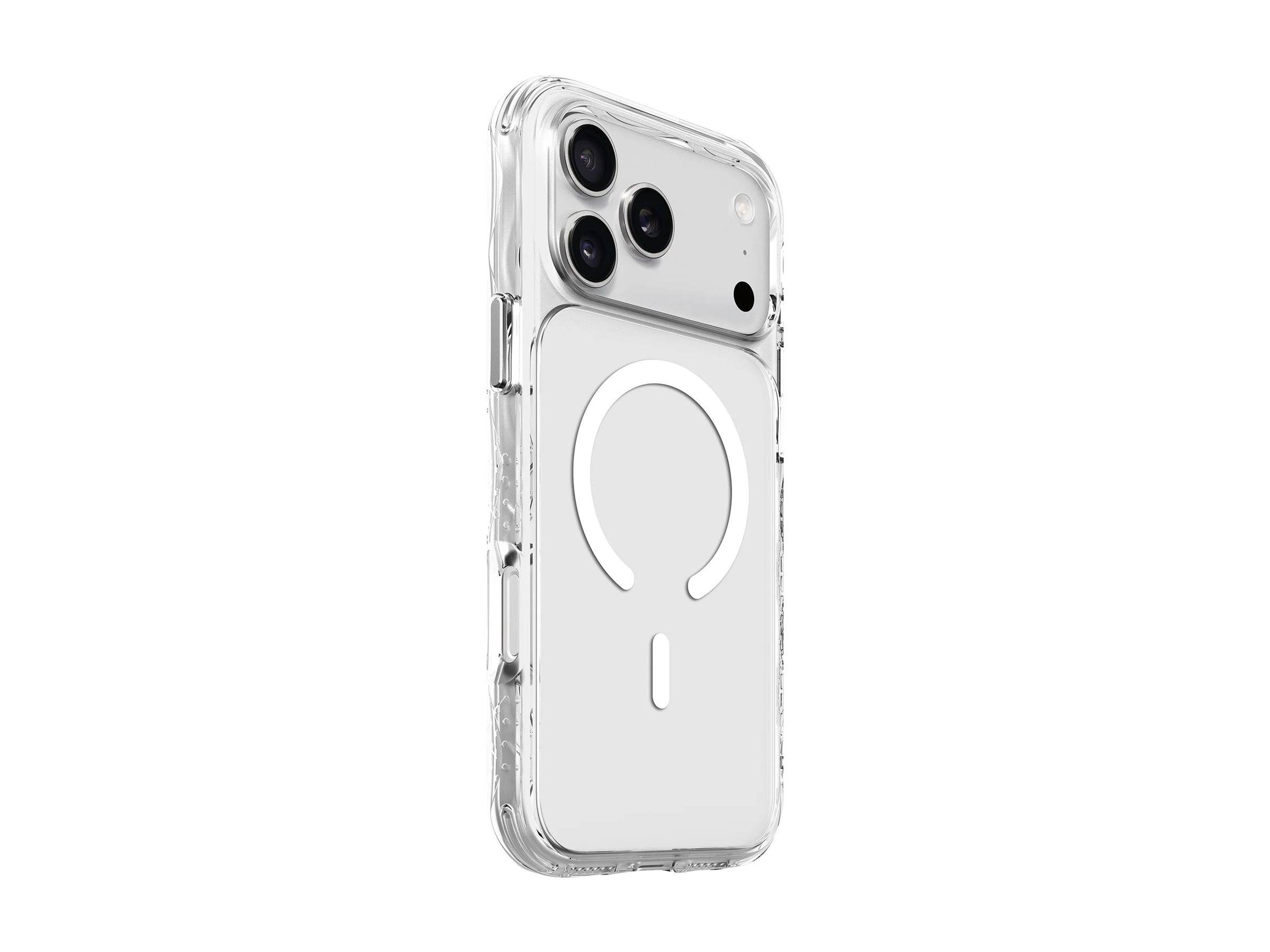 Eine transparente Handyhülle mit einem kreisförmigen Muster auf der Rückseite, die für ein Smartphone mit drei Rückkameras konzipiert ist.