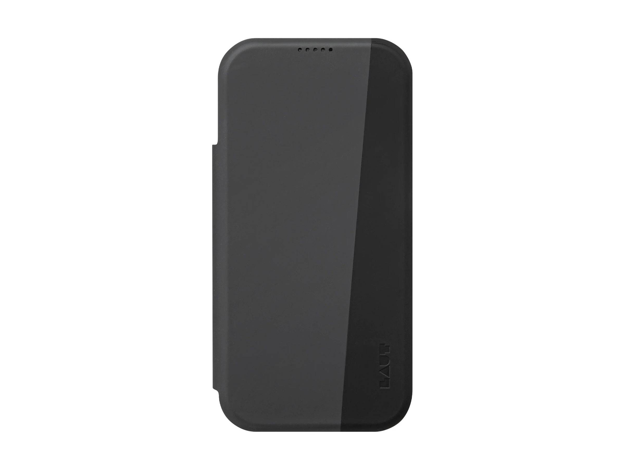 Eine schwarze Smartphone-Hülle mit elegantem Design, ausgestattet mit einer Frontabdeckung und minimaler Beschriftung in der unteren Ecke.