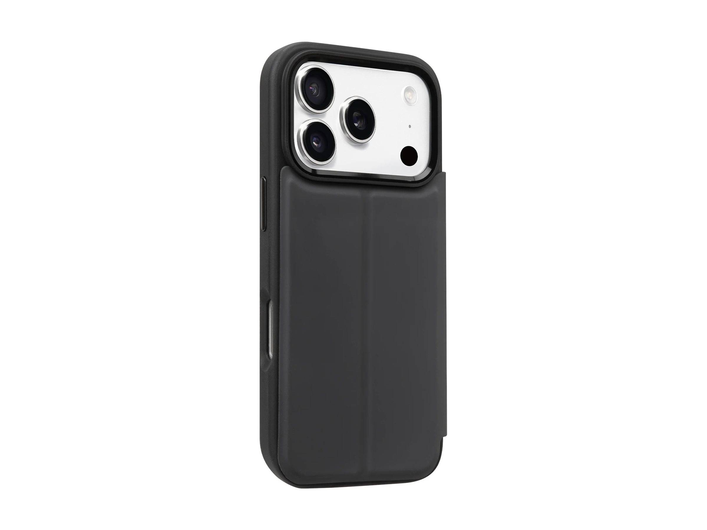 Schwarze Smartphone-Hülle mit erhöhtem Kameraausschnitt, dargestellt auf weißem Hintergrund.