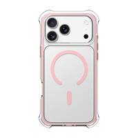 Telefon mit einer rosa und silbernen MagSafe-Schutzhülle, die drei Kameraobjektive auf der Rückseite aufweist.