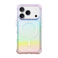 Ein Smartphone in einem regenbogenfarbenen Gehäuse mit drei Kameraobjektiven und einem zusätzlichen Sensor auf der Rückseite.