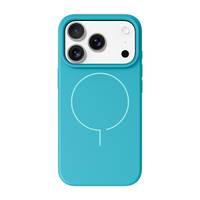 Ein Smartphone mit einer blauen Hülle, das drei Kameraobjektive und eine Lampe auf der Rückseite hat.