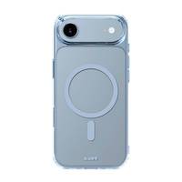 Ein blaues Smartphone mit einem kreisförmigen Design auf der Rückseite, das die MagSafe-Kompatibilität signalisiert.
