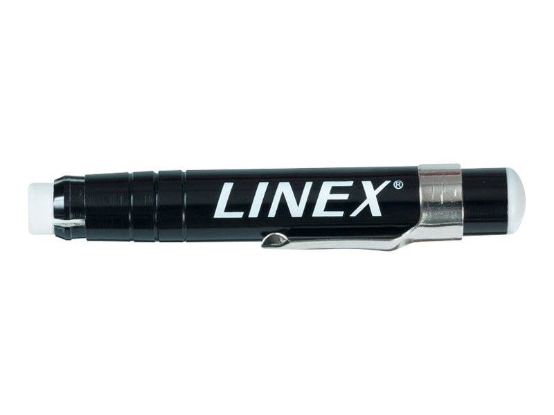Schwarzer LINEX Stift-förmiger Korrektionsstift mit silbernem Clip, horizontal auf weißem Hintergrund dargestellt.