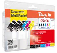 Peach C5/C8 MultiPack' Tintenpatronen in verschiedenen Farben, einschließlich Schwarz, Cyan, Magenta, Gelb. Verpackung hebt Einsparungen durch Multipacks hervor.
