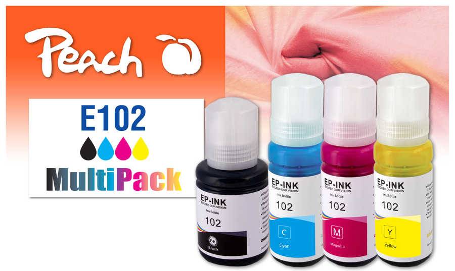 Angebot für Peach EP-INK 102 MultiPack Druckertinte, zeigt schwarze, cyan-, magenta- und gelbe Flaschen auf pfirsichfarbenem Hintergrund.