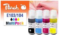 Tintenpatronen in Schwarz, Cyan und Magenta mit der Bezeichnung 'Peach MultiPack 103/104' und dem Firmenlogo vor einem weichen Hintergrund mit einem Pfirsichbild.