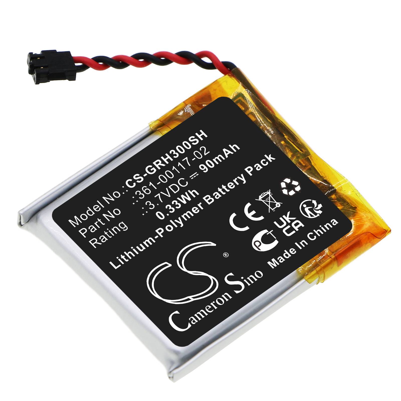 Lithium-Polymer-Akkupack mit Modellnummer 'CS-GRH300SH', 3,7V und einer Kapazität von 90mAh. Enthält Sicherheitssymbole und den Aufdruck 'Made in China'.