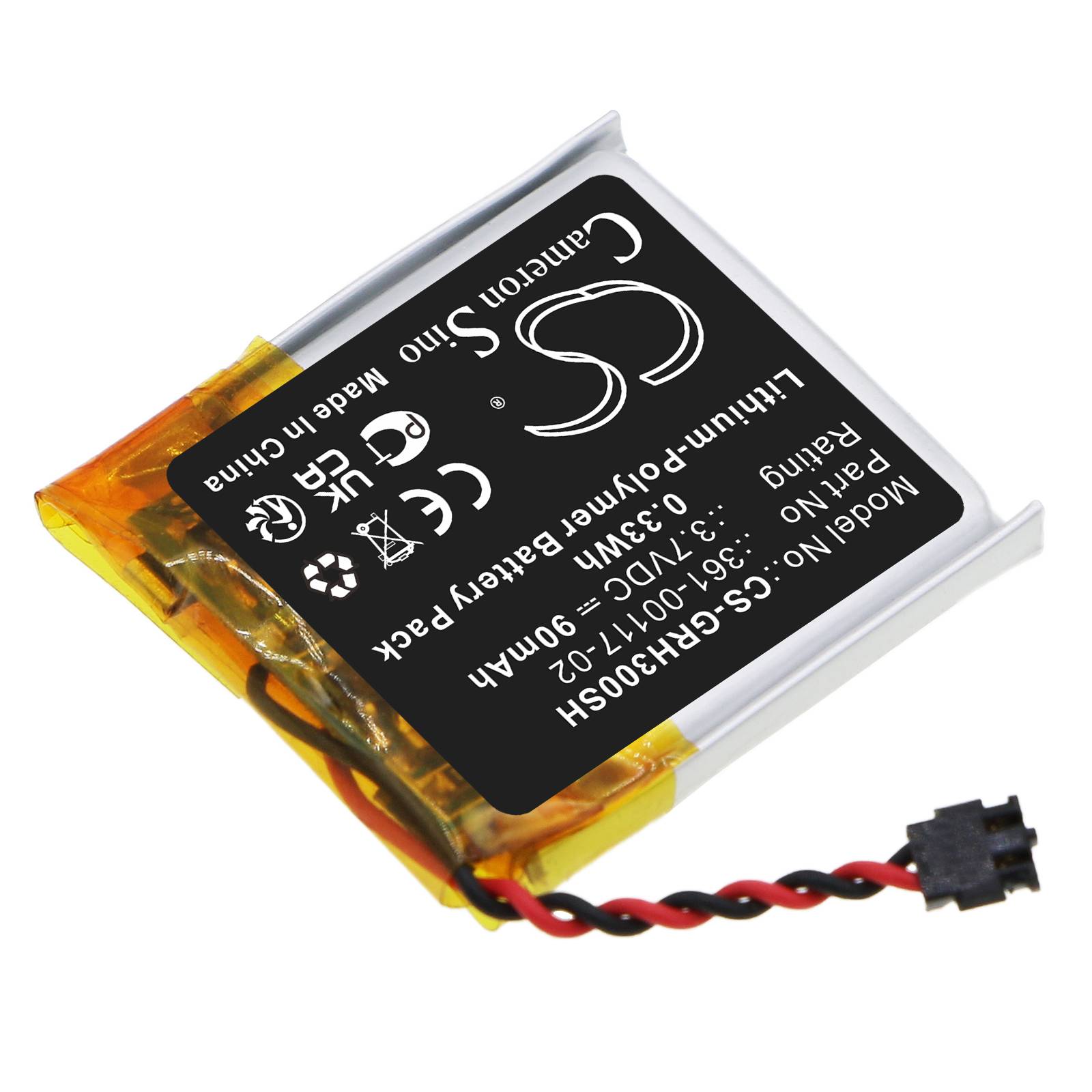 Ein Lithium-Polymer-Akkupack mit angegebenen Spezifikationen, verwendet zum Betrieb elektronischer Geräte. Er verfügt über einen Anschluss mit roten und schwarzen Kabeln.