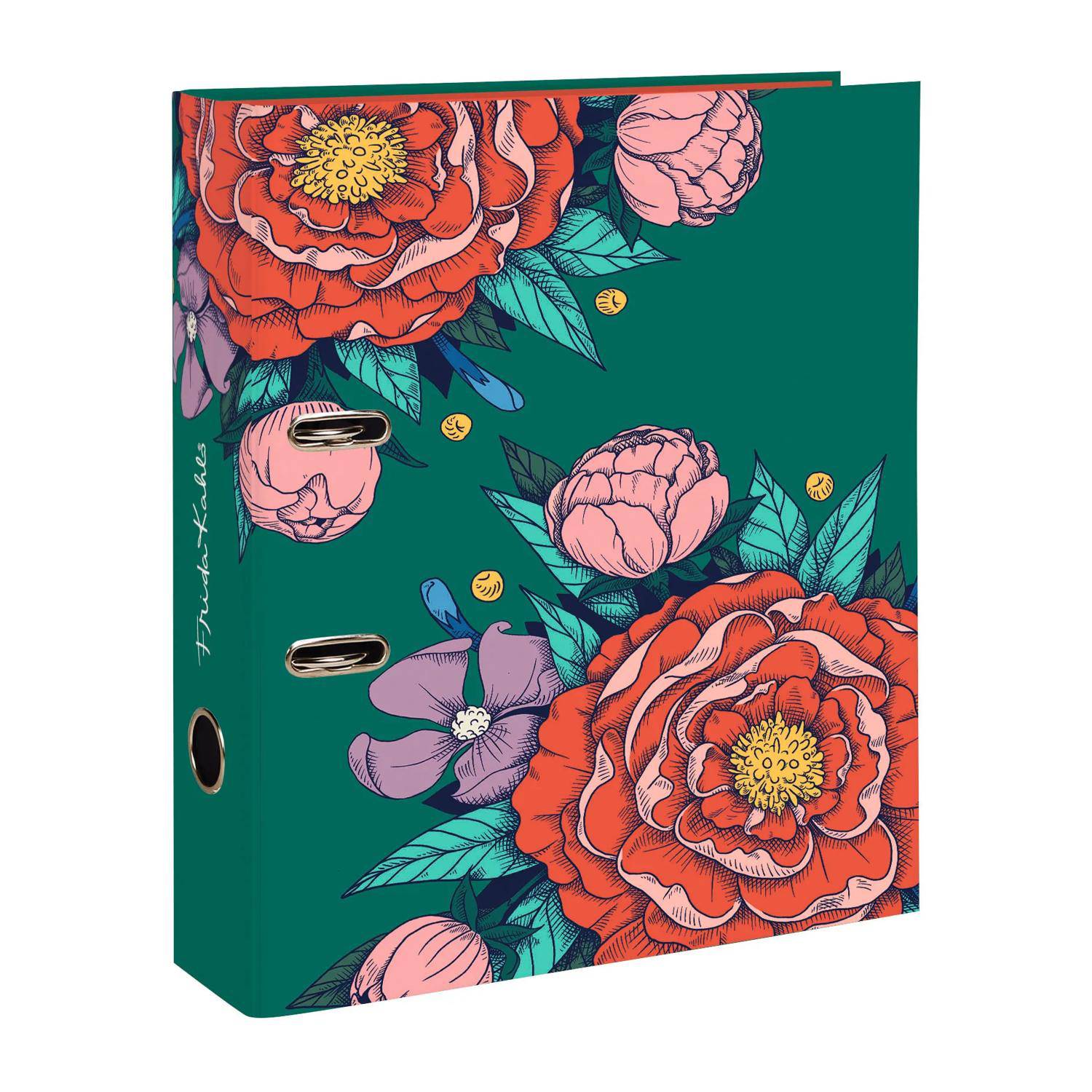 Grüner Ordner mit großem rot und rosa Blumendesign, das Pfingstrosen und Blätter zeigt, akzentuiert mit kleinen gelben Blüten.