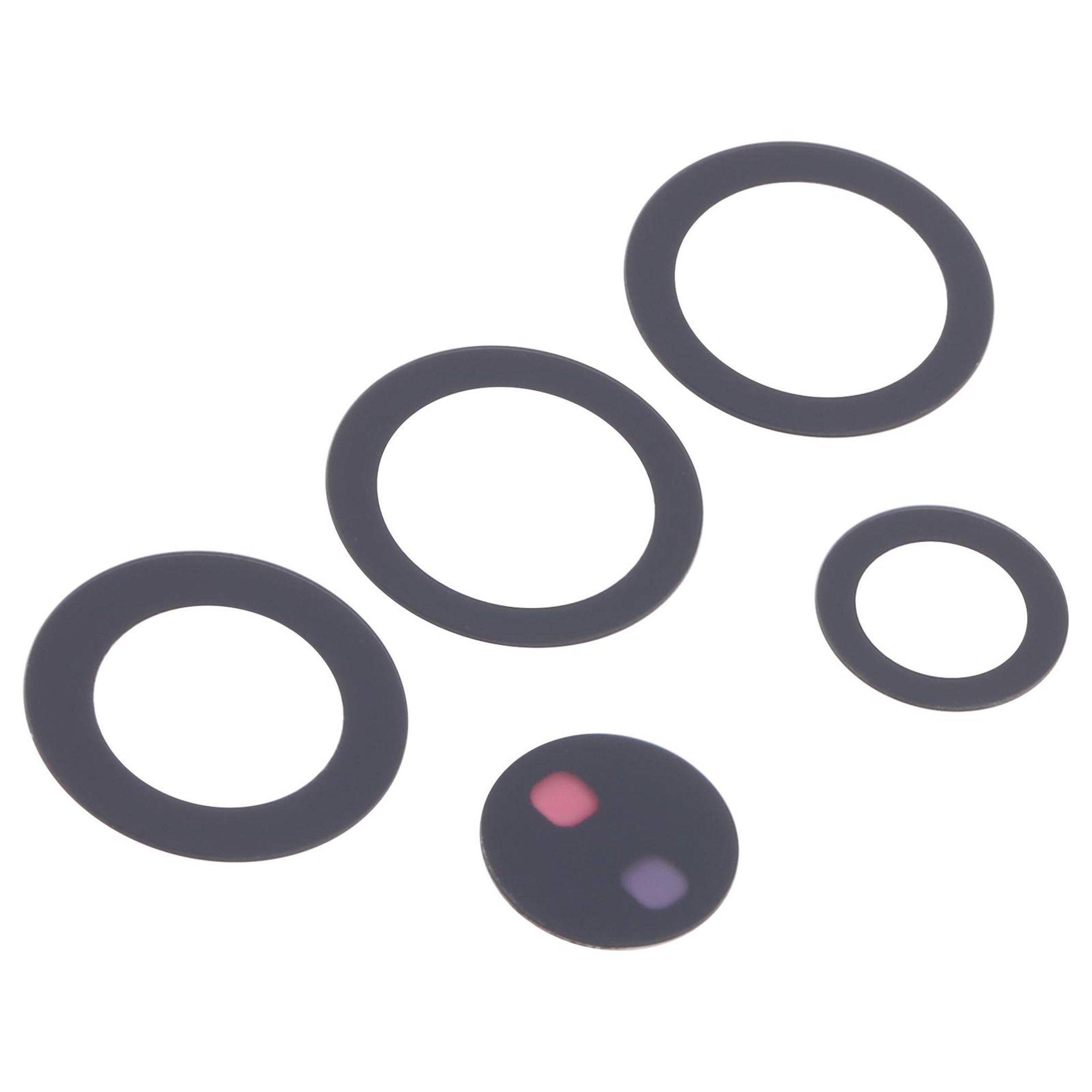 Fünf schwarze kreisförmige Ringe unterschiedlicher Größe, einer davon mit zwei farbigen Punkten, sind vor einem weißen Hintergrund angeordnet.