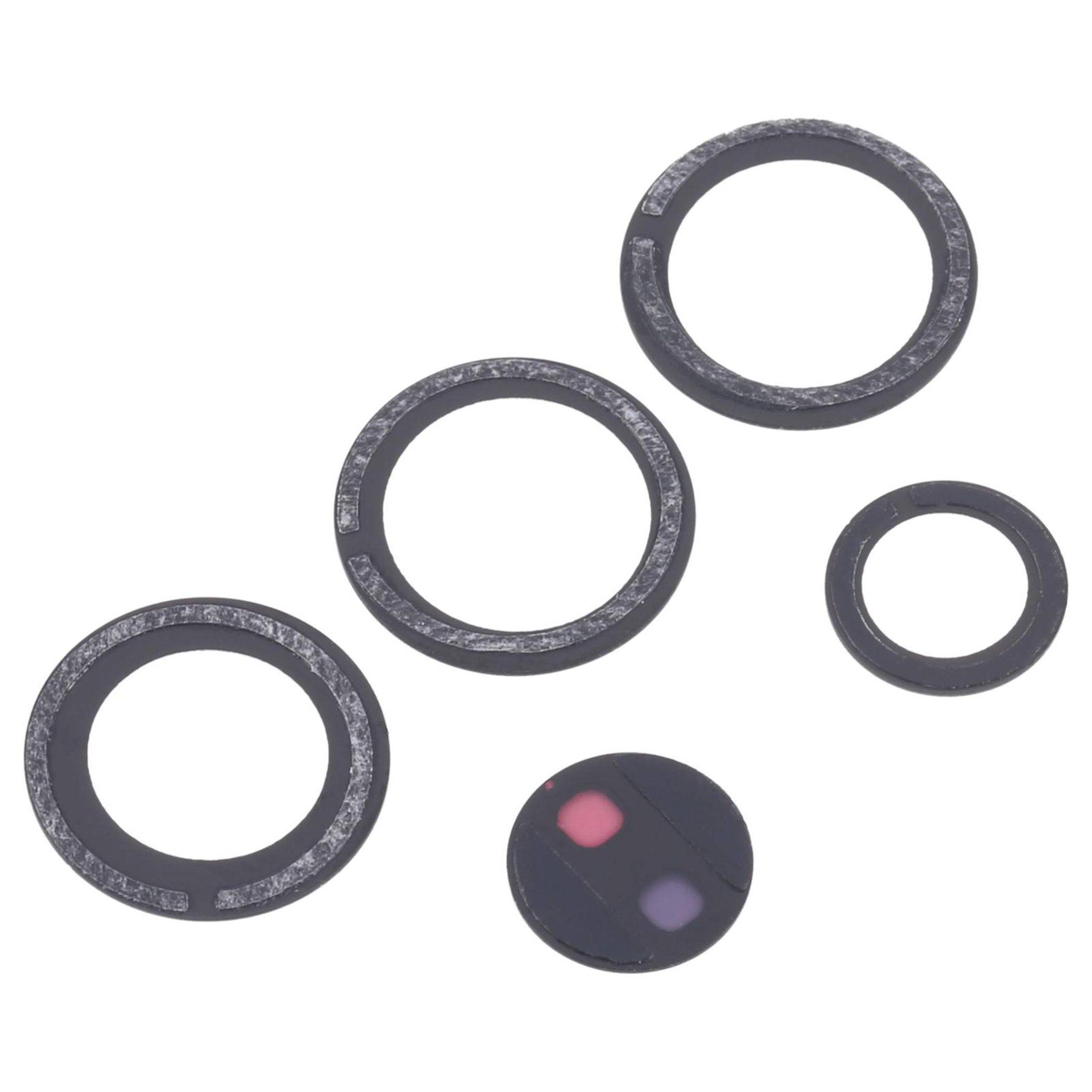 Fünf schwarze Gummi-O-Ringe in verschiedenen Größen, mit einer kleineren runden Dichtung mit zwei farbigen Segmenten, die separat auf einem weißen Hintergrund angeordnet sind.