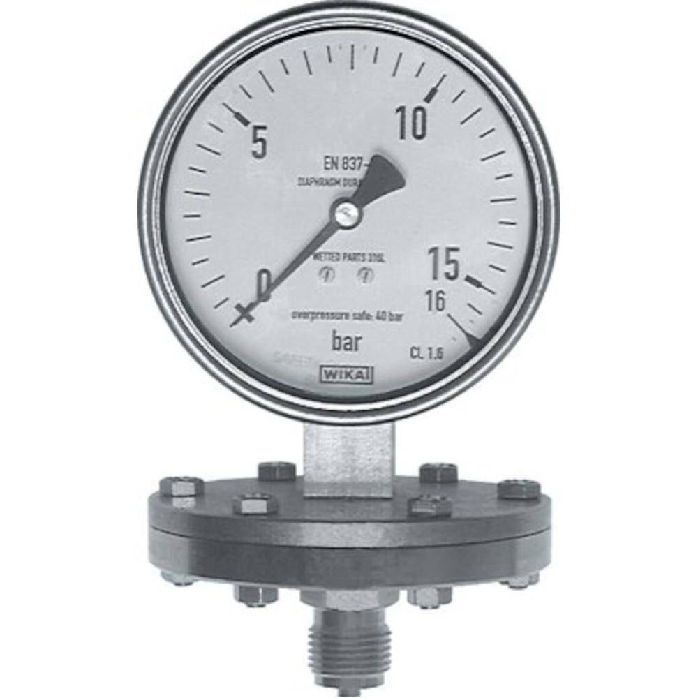 Ein Druckmessgerät, das Messungen bis zu 16 bar anzeigt, mit einer Nadel, die derzeit auf null zeigt. Das Messgerät ist mit 'EN 837-1' beschriftet.