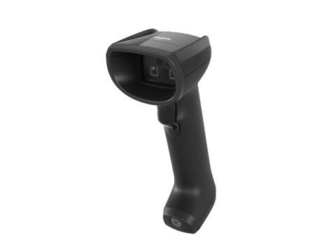 Ein schwarzer, tragbarer Barcode-Scanner mit einem breiten Scanfenster, ergonomischem Griff und einem Auslöseknopf am Handgriff.