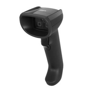 Tragbarer schwarzer Barcode-Scanner mit Auslöser, gezeigt vor einem schlichten dunklen Hintergrund.