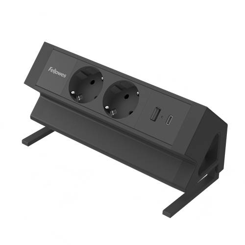 Eine schwarze Desktop-Stromsteckdose mit zwei runden Steckdosen und zwei USB-Anschlüssen, einem USB-A und einem USB-C, auf einem Ständer.